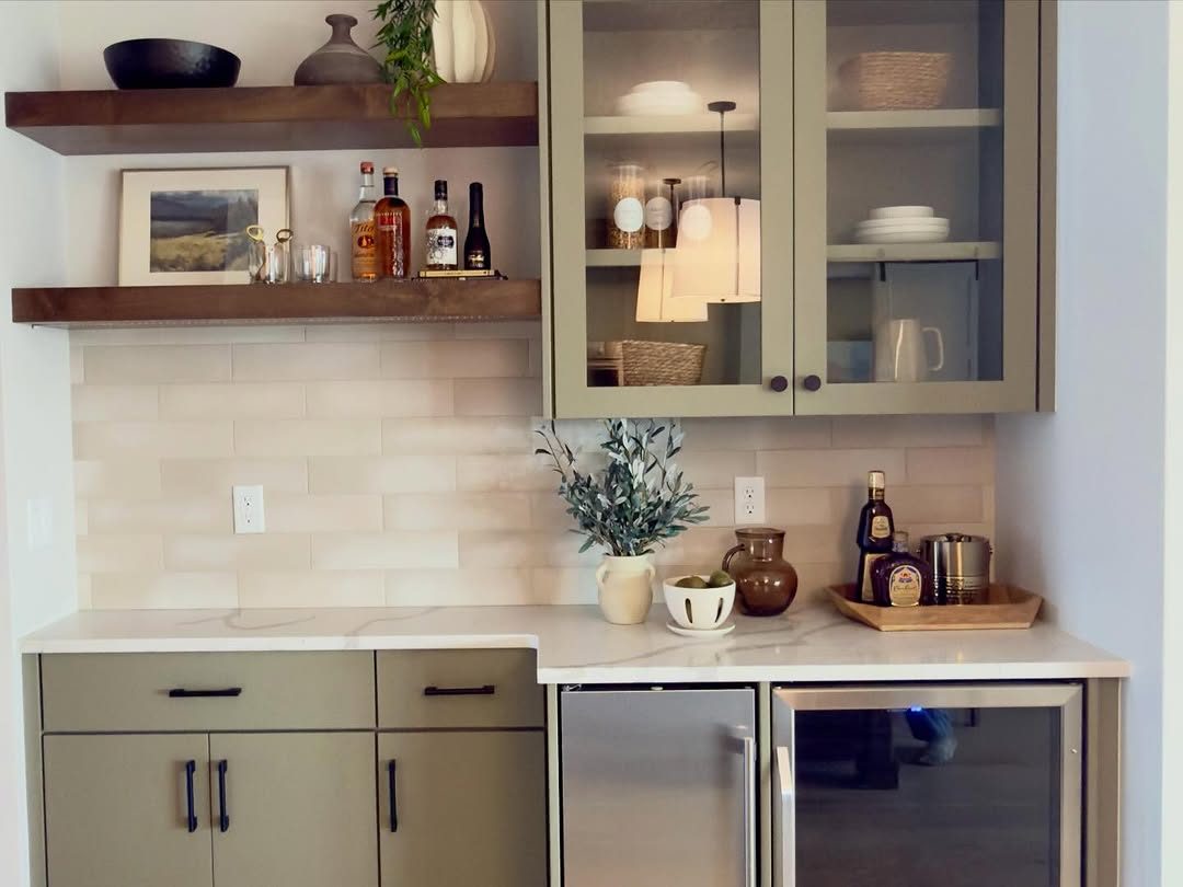 Sage cabinetry with floating shelves, Naples FL